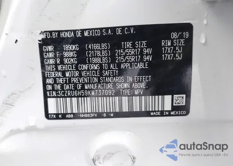 2019 Honda Hr-V Ex из США, поврежденный, VIN 3CZRU6H59KM737092